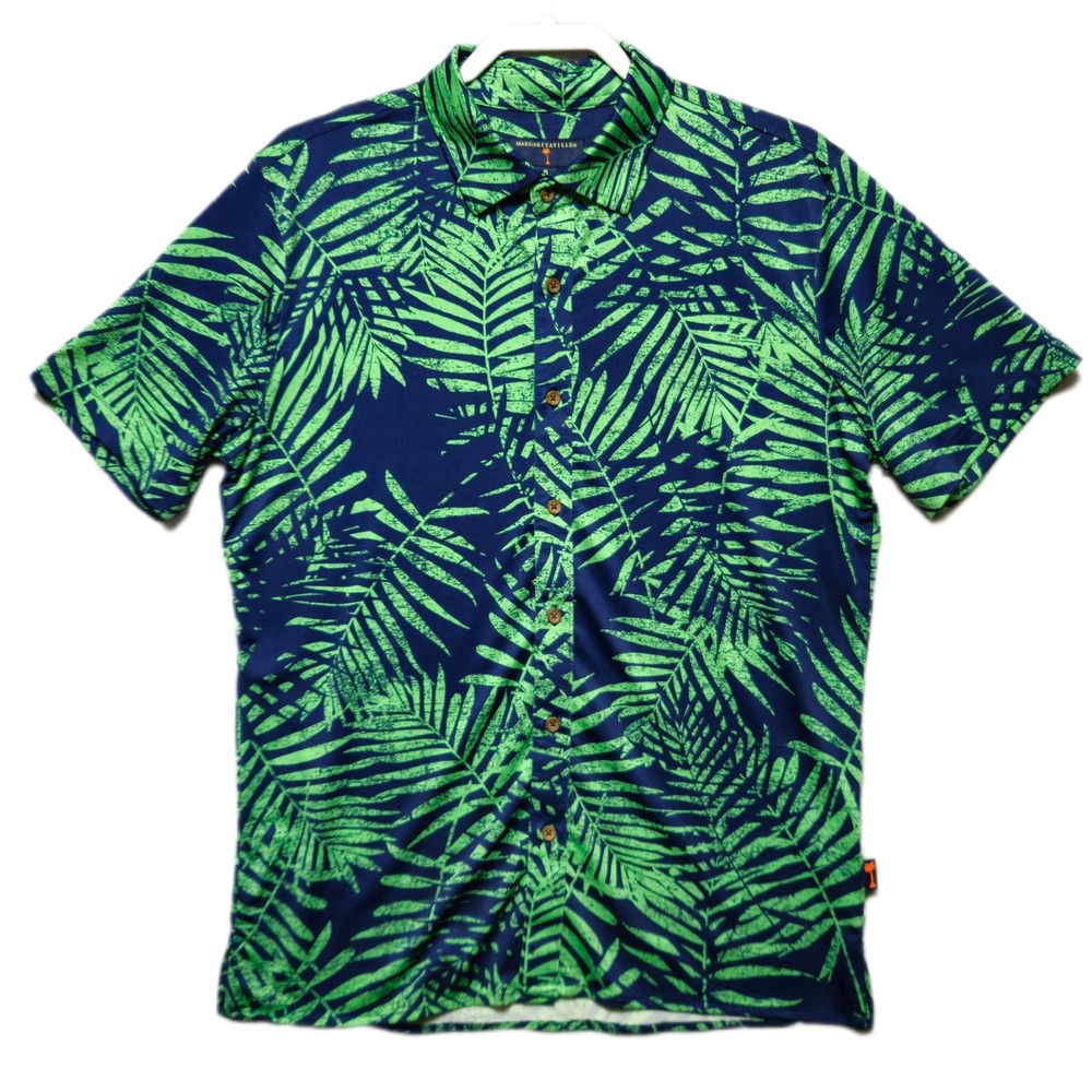 Margaritaville Mens Small Navy Green Tropical Palm Leaf Button Down Predator NEW